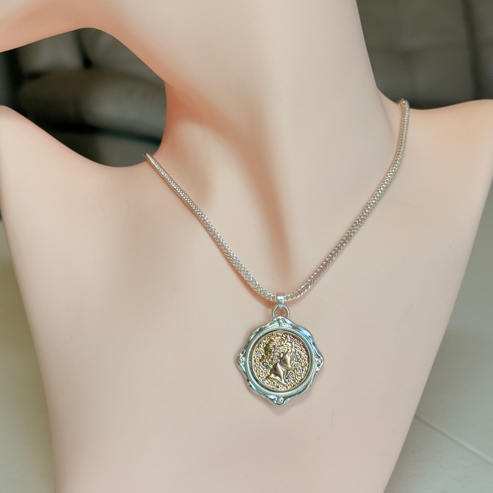 Italian Style Two-Tone Coin Medallion Pendant Necklace